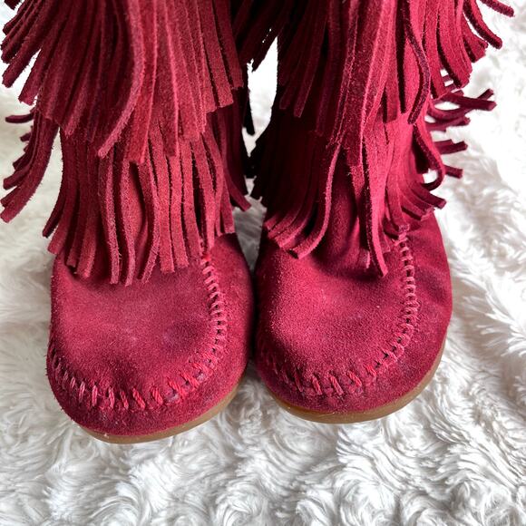 Minnetonka Suede 3-Layer Fringe Girls' Size 12 Toddler Red Zip Up Western - Picture 6 of 16